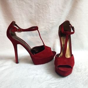 Red Suede Platform T-Strap Heels